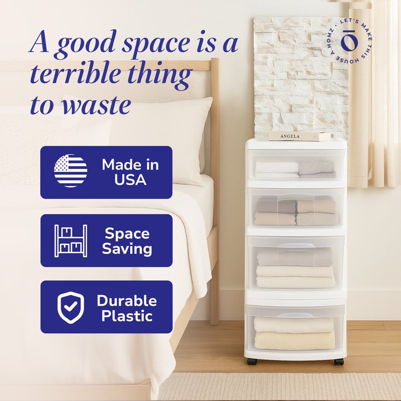 4-Drawer Clear Plastic Storage Tower with Wheels - Home Organization