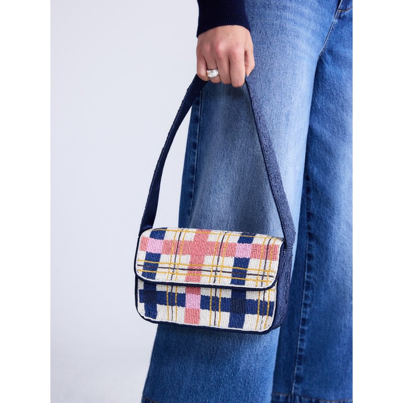 Multi-Color Beaded Plaid Shoulder Bag for Women - Spacious & Stylish