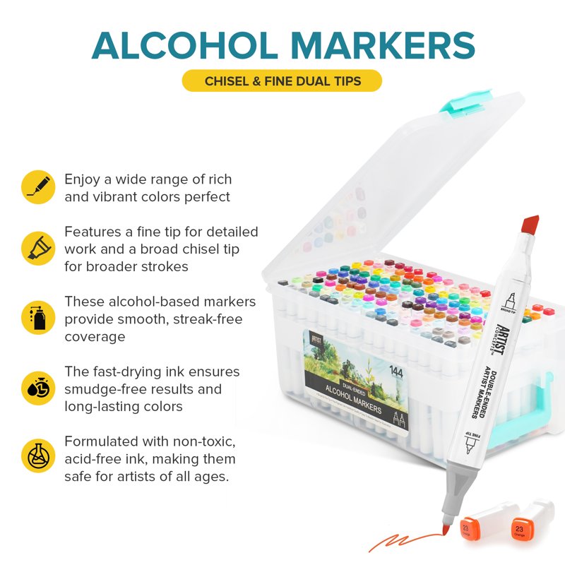 Artist Concepts Dual Tip Alcohol Markers 144 Count - Fine & Broad Chisel & Fine Tips