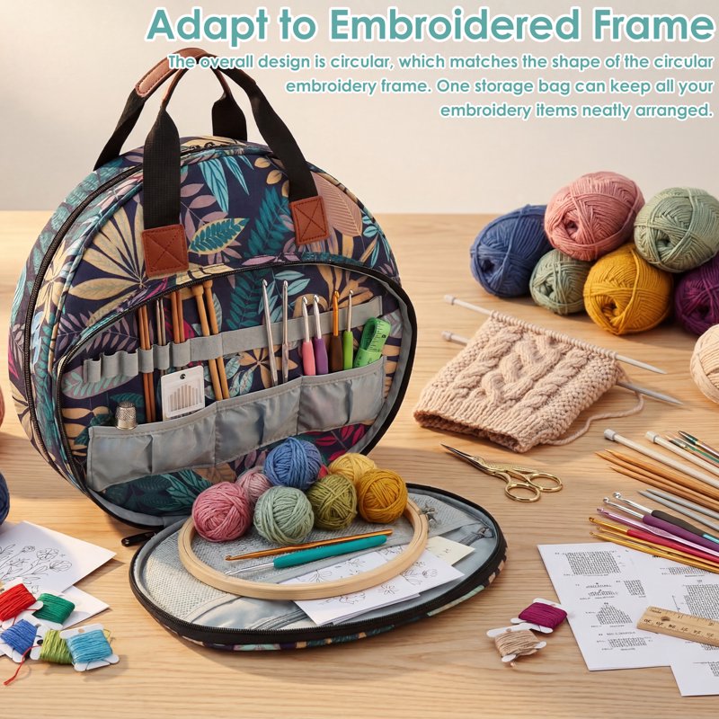Embroidery Project Bag with Multiple Pockets and Round Hoop Storage - Carrying Tote for Floss and Thread