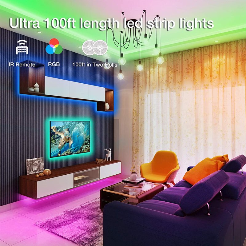100ft RGB LED Strip Lights with Remote & Power Supply - Flexible, Cuttable for Bedroom, Kitchen, Decor