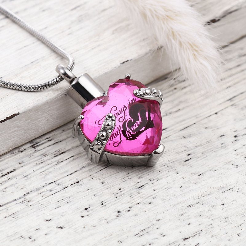 Rhinestone Heart Cremation Necklace with Chain - Memorial Jewelry for Women