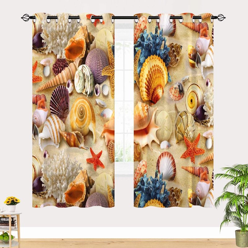 Beach Theme Conch Starfish Waterproof Curtains with 3D Seashell Print, 2 Panels