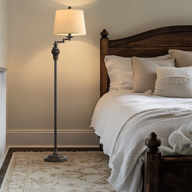 Vintage Floor Lamp with Linen Shade - Classic Rotary Switch, Dark Brown Finish, for Living Room & Bedroom