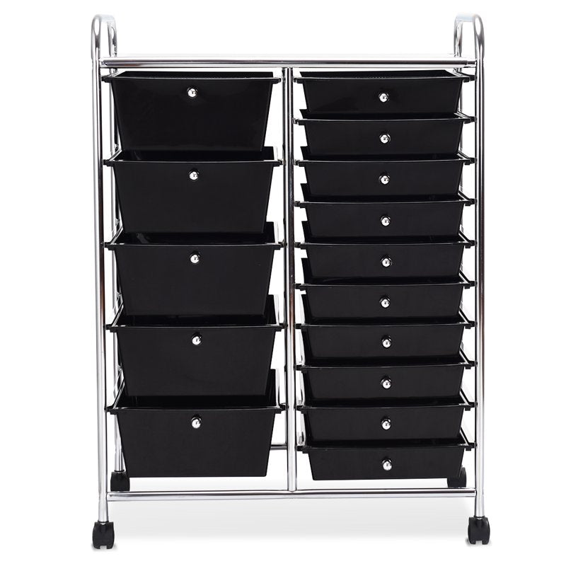 15-Drawer Rolling Cart with Wheels, Mobile Storage Organizer, Black