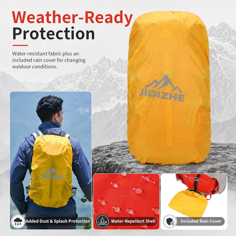 JIDIZHE 32L Hiking Backpack with Internal Frame & Rain Cover - Red004, Lightweight Daypack for Hiking, Camping & Travel