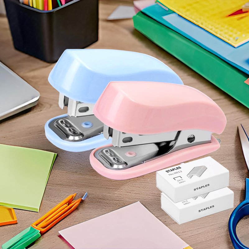 Mini Stapler with Staples and Remover - Compact Office Desk Tool in Blue & Pink