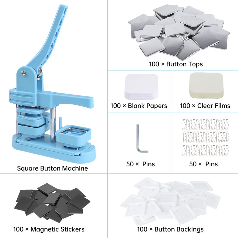 Square Button Maker Machine for DIY Fridge Magnets – 2''x2'' Complete Craft Kit