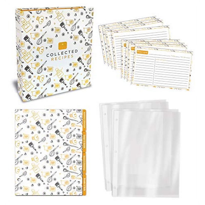 Recipe Organizer Set with Binder, Recipe Cards & Dividers - Black & Gold