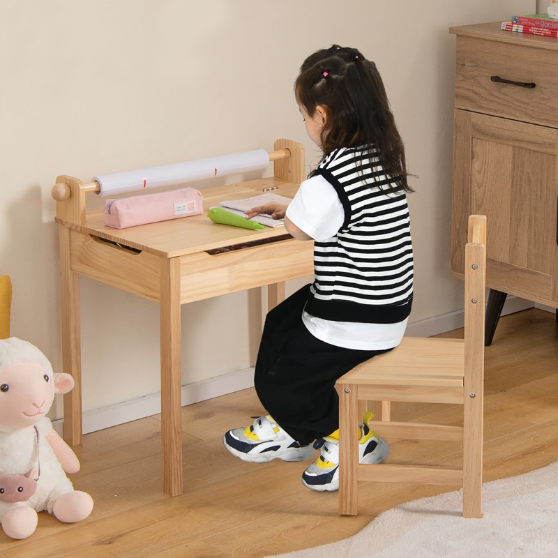 Kids Activity Table with Chair, Paper Roll Holder & Storage - Toddler Furniture