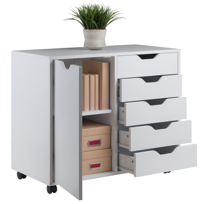Mobile Storage Cabinet with 5 Drawers and Adjustable Shelf — White Finish