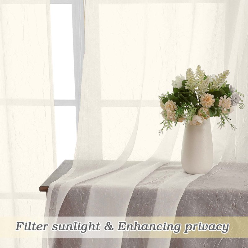 Ivory Crushed Sheer Curtains Set - Light Filtering Voile Drapes for Living Room and Bedroom