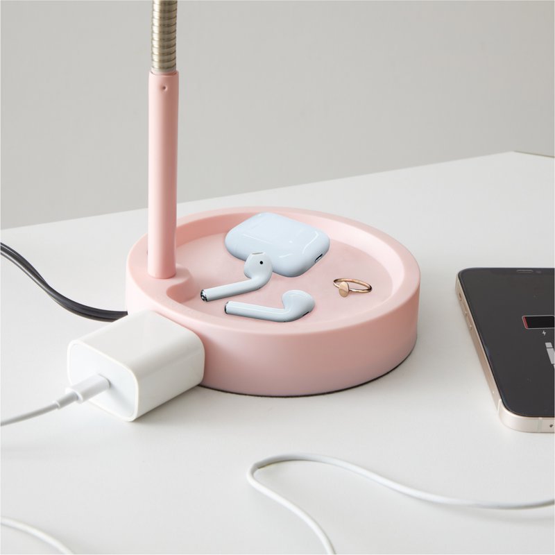 LED Desk Lamp with Catch-All Base and AC Outlet - Modern Bedside or Office Light