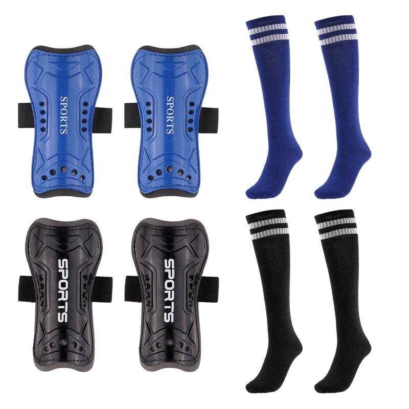 2 Pairs Kids Soccer Shin Guards & Socks Set, Lightweight Youth Shield for 3-15 Years, Black & Blue (Variation: L, 2 Pair)