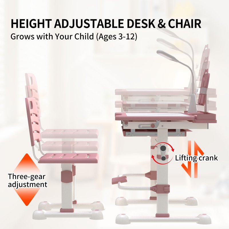 Kids Adjustable Study Desk & Chair Set with LED Light, Tilt Top, Storage Drawer