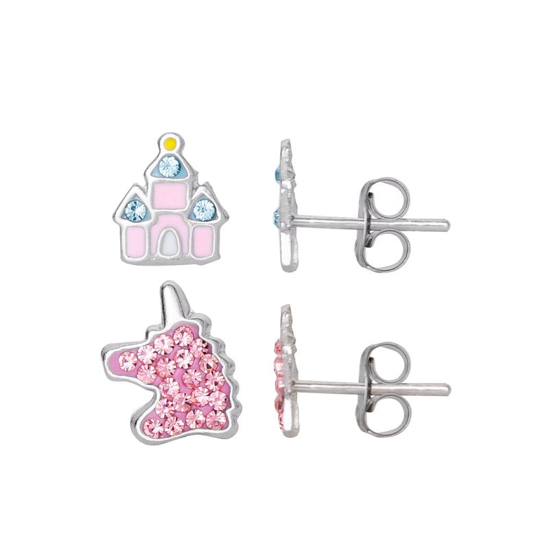 Sterling Silver Unicorn & Castle Earring Set for Women - Fantasy Jewelry Gift