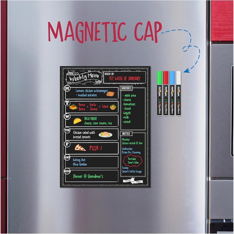 Magnetic Dry Erase Menu Board for Refrigerator with 4 Chalk Markers - Weekly Meal Planner & Grocery List, 15.6 x 11.6 Inches