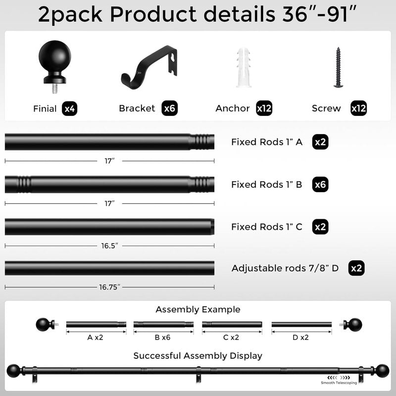 Heavy Duty Adjustable Curtain Rods 36-91 Inch Black Set for Windows