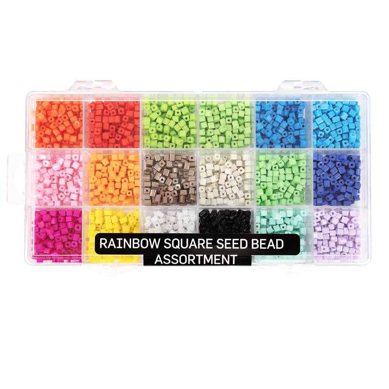 Rainbow Square Glass Seed Bead Assortment with Storage Case - 2000 Pieces, Jewelry Crafts