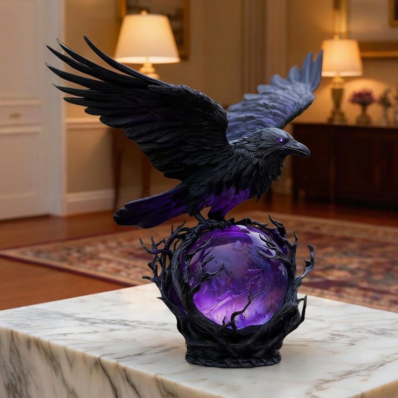 Gothic Raven Night Light Sculpture with Glowing Orb - Dark Academia Indoor Decor