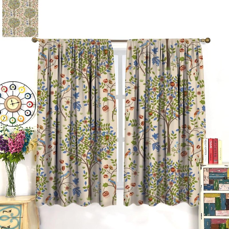 Vintage Bird & Owl Window Curtains Set of 2 - Middle Ages Style Room Drape