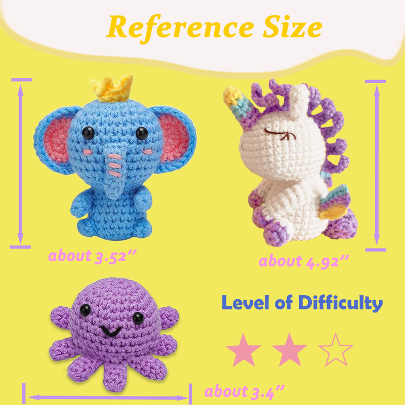 Crochet Animal Kit for Beginners - DIY Unicorn, Elephant, Octopus Craft Set