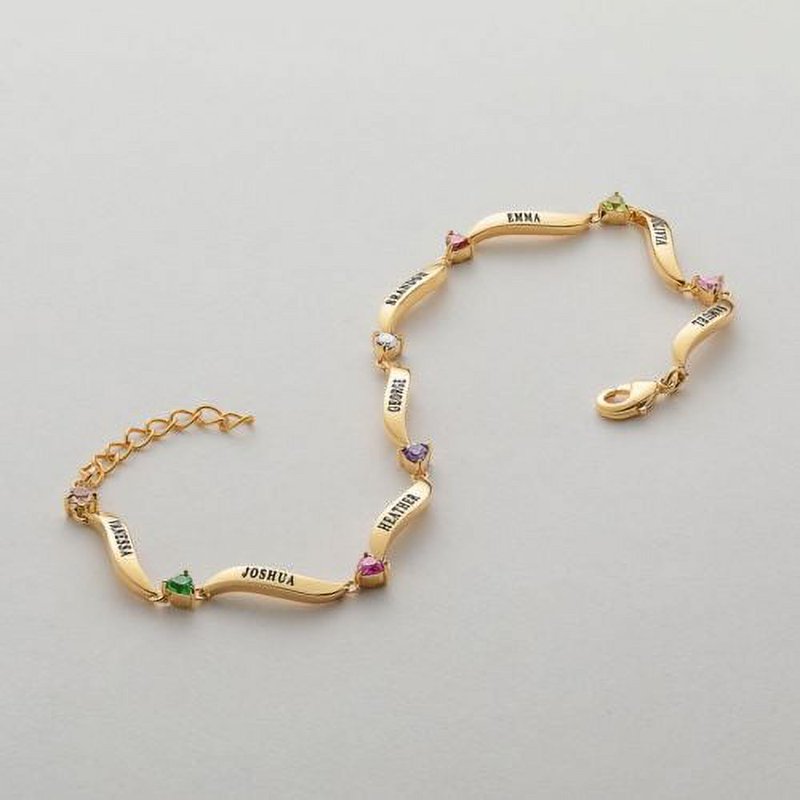 Personalized Gold Plated Family Name and Heart Birthstone Bracelet - Custom Gift