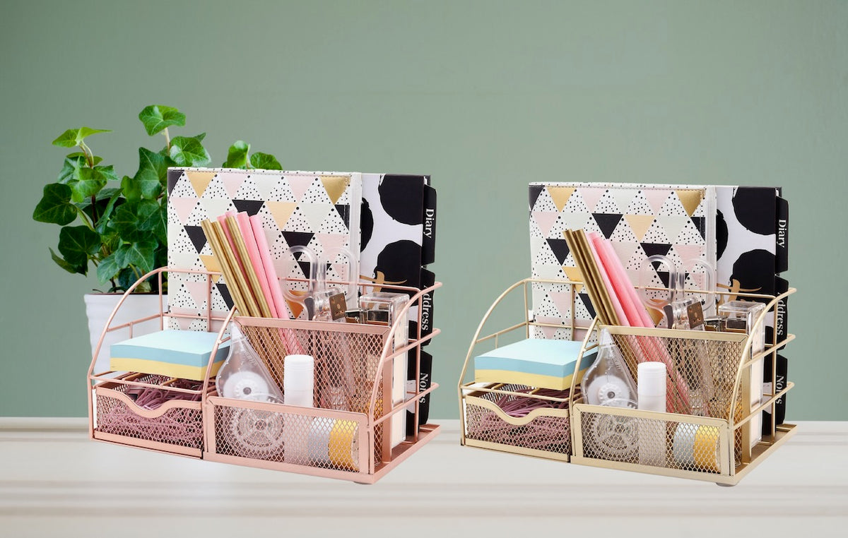 Wire Mesh Desk Organizer with 6 Compartments - Office & Home Storage