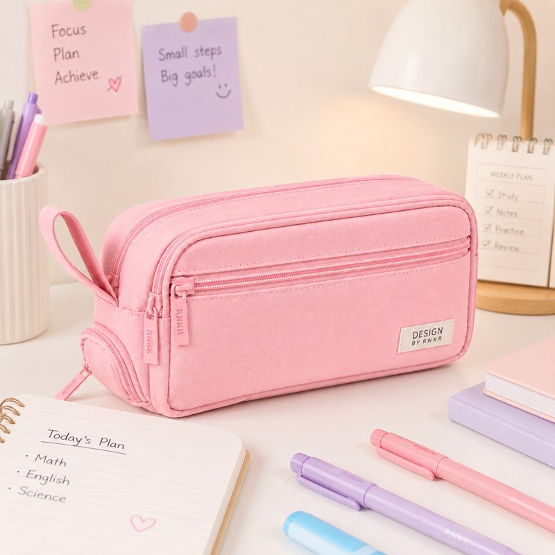 Large Capacity Multi-Compartment Canvas Pencil Case with Dual Zipper - Portable School Office Organizer
