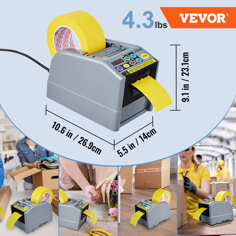 Electric Tape Dispenser Automatic & Manual Dual Mode, 6 Preset Lengths, Cuts Two Tapes Up to 60mm Wide