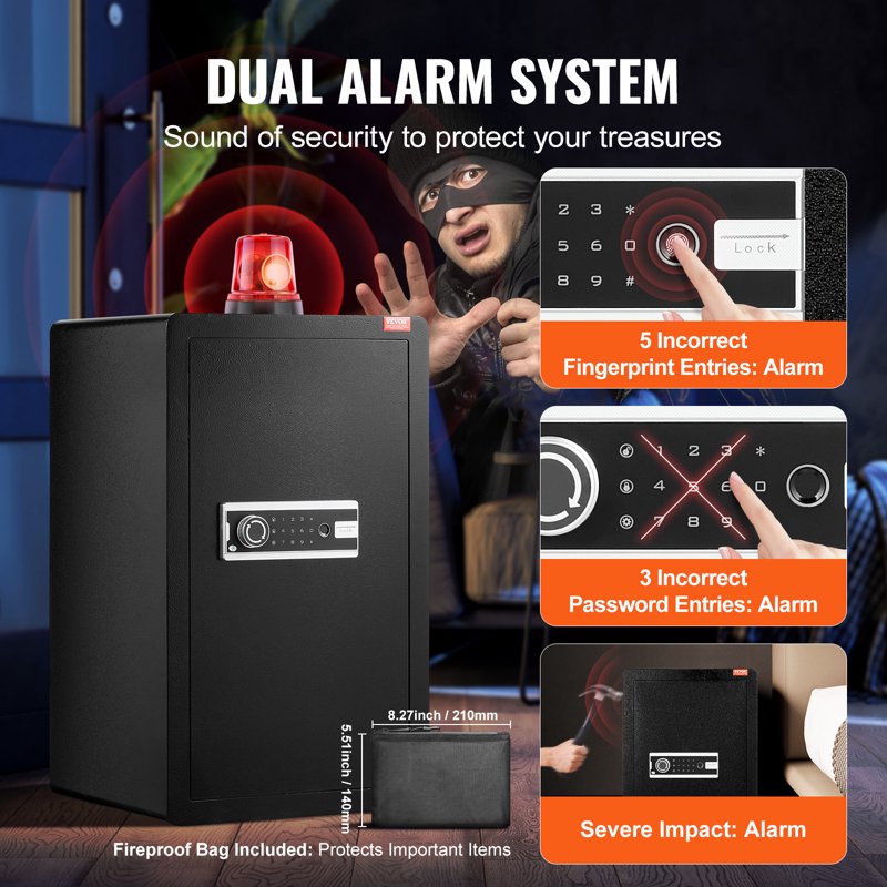 Secure 4.0 Cu.Ft Safe Box with Key Lock, Password & Fingerprint, Fireproof Bag & LED Light