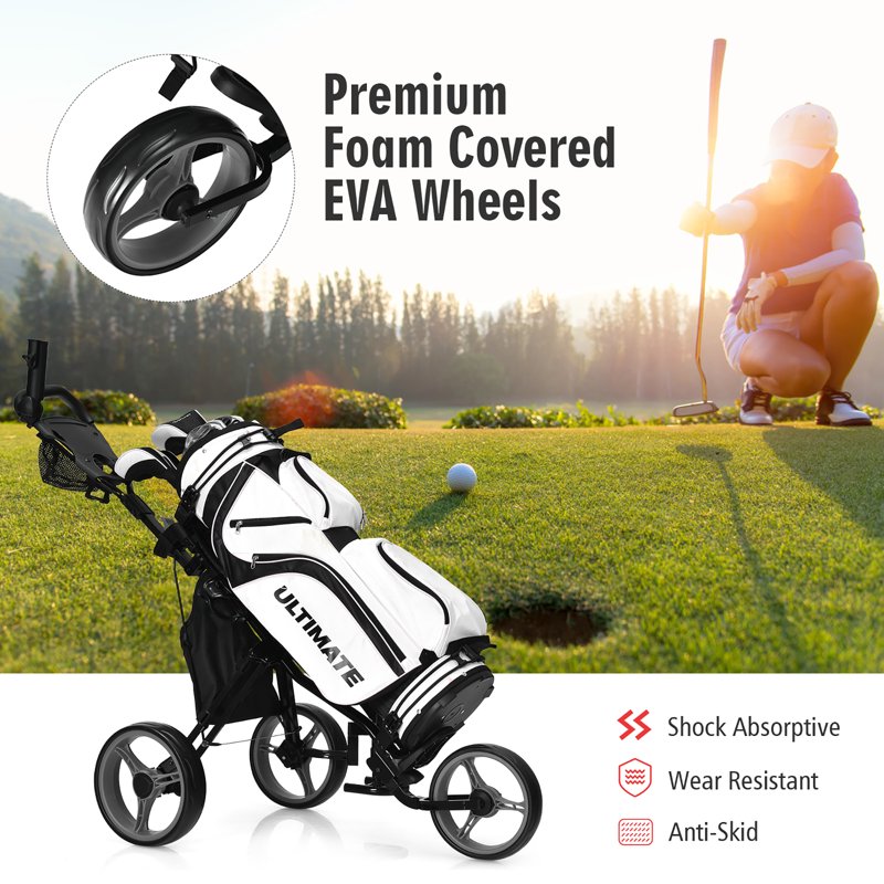 Goplus Folding 3-Wheel Golf Push Cart with Seat, Scoreboard & Adjustable Handle - Grey (Variation: Grey)