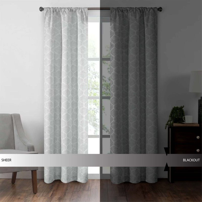 Jacquard Blackout Curtain Panel Pair - Grey Lattice, Room Darkening Drapes
