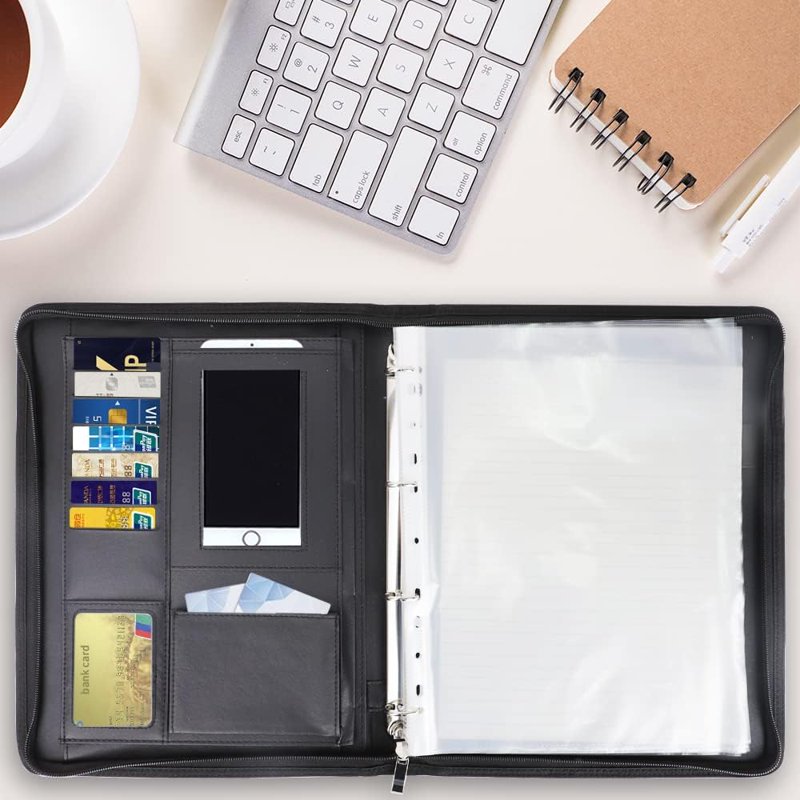 Leather Portfolio Binder with Handle Zipper Business Portfolio with Card Slots & Note Clip