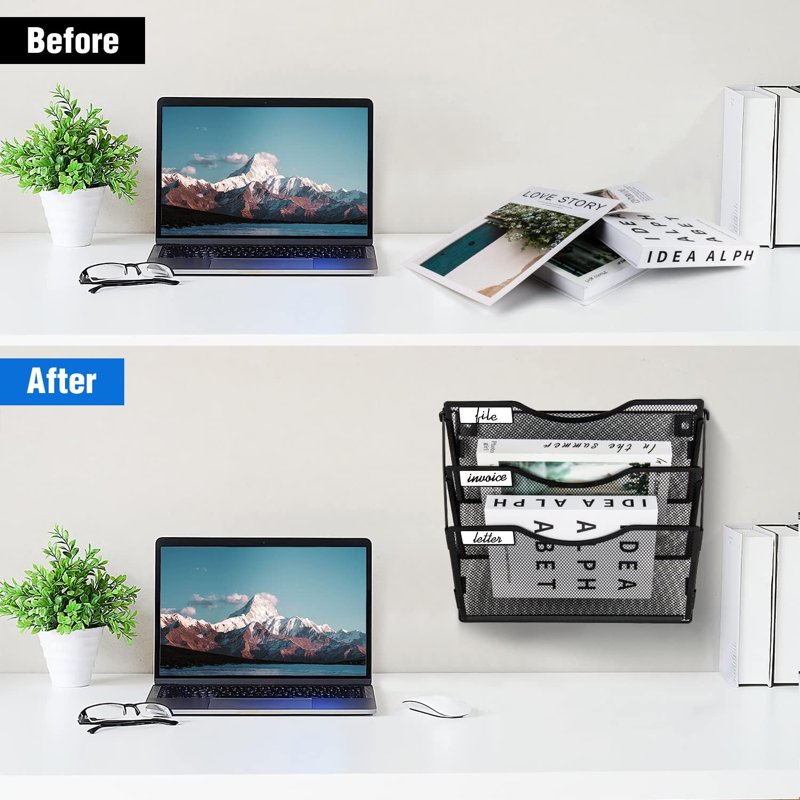 Wall File Organizer with 3 Pockets, Wall Mount or Hanging Folder Holder, Foldable Mesh Office & Home Storage