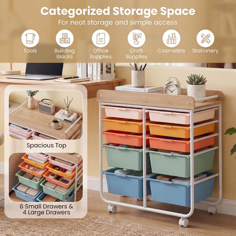 10-Drawer Rolling Storage Cart with Wooden Top and Lockable Wheels - Art & Craft Organizer