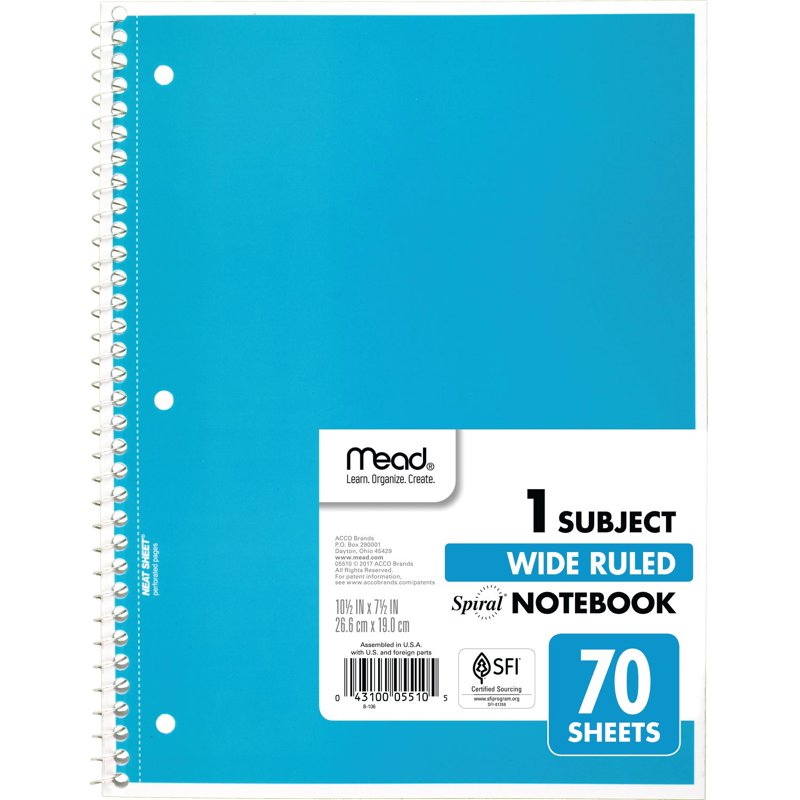 Mead 1 Subject Spiral Notebook Pack of 6 Wide Ruled, Durable 70 Sheets