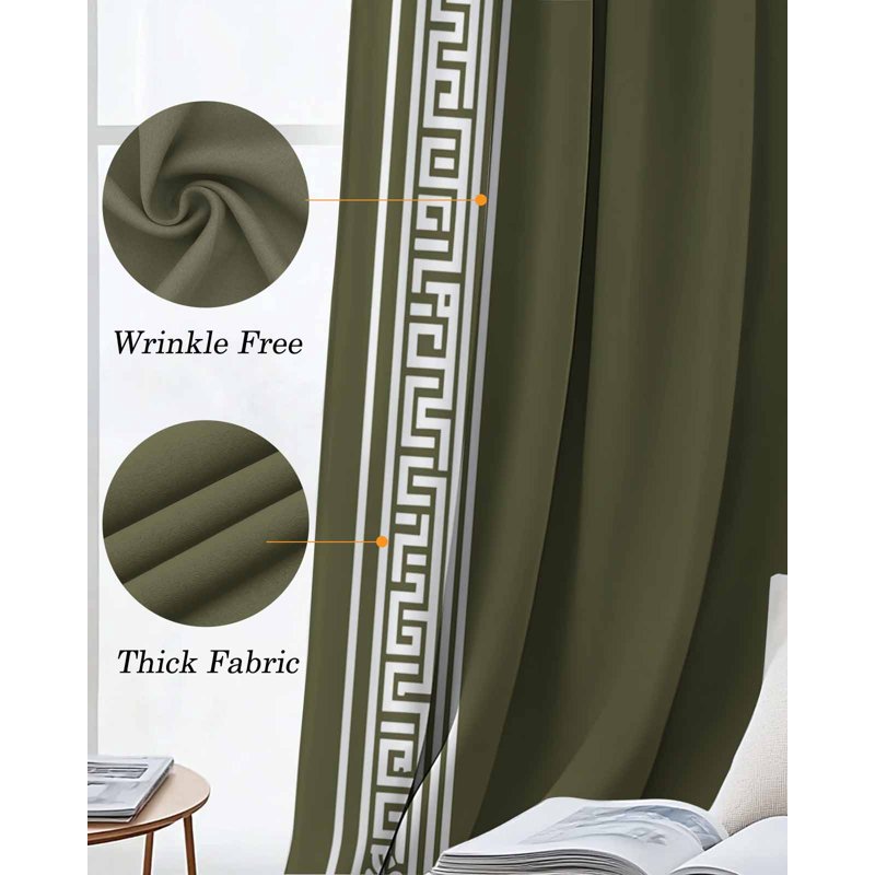 Olive Green Greek Key Blackout Curtains - Geometric Room Darkening Drapes