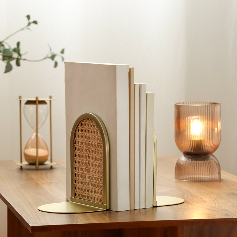 Gold and Natural Rattan Bookends - Decorative Tabletop Accent for Home