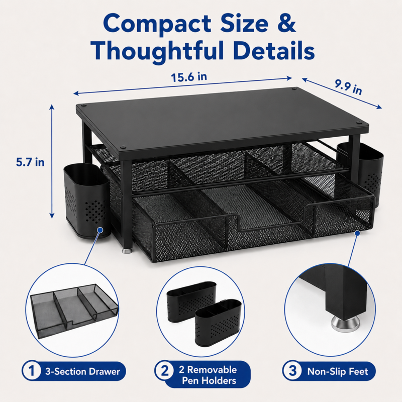 Mehoom 3-Tier Monitor Stand with Drawer & Pen Holders – Desk Organizer, Black