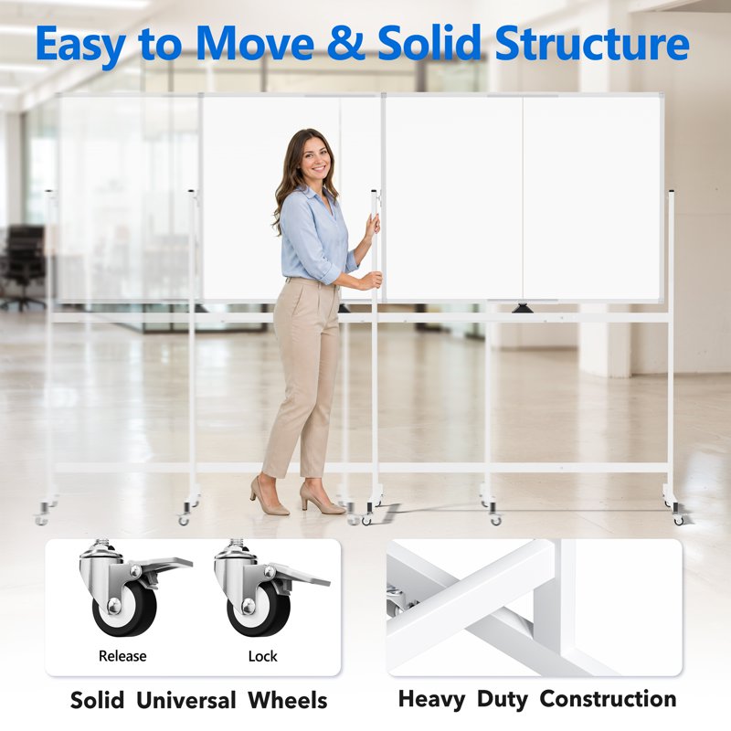 48x36 Inch Mobile Magnetic Whiteboard on Wheels - Double-Sided Dry Erase Board