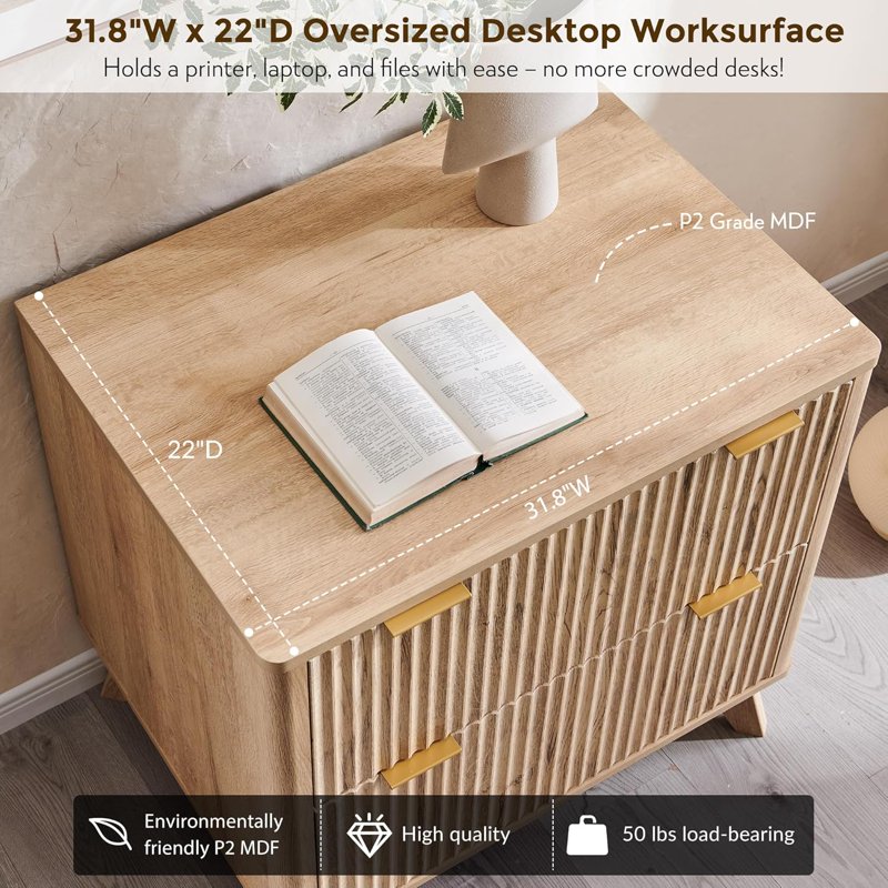 Modern 31.8-Inch File Cabinet with 2 Deep Drawers and Adjustable Hanging Rods for Office and Home