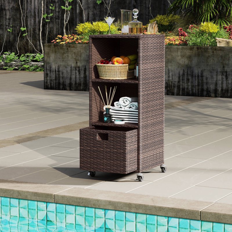 Outdoor Storage Cabinet with Shelves, Drawer & Wheels for Porch Garden