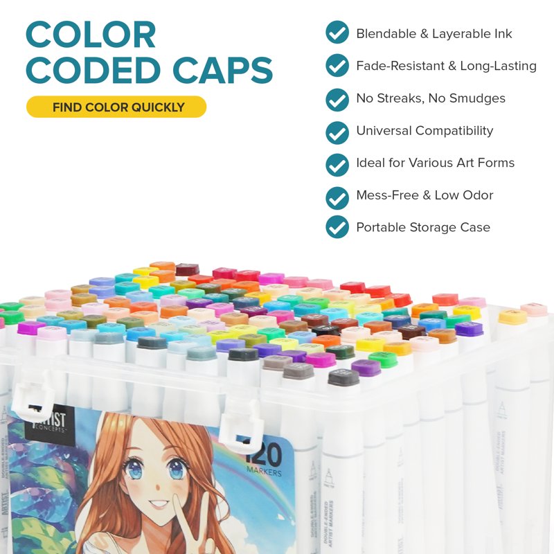Artist Concepts Dual Tip Alcohol Markers 144 Count - Fine & Broad Chisel & Fine Tips