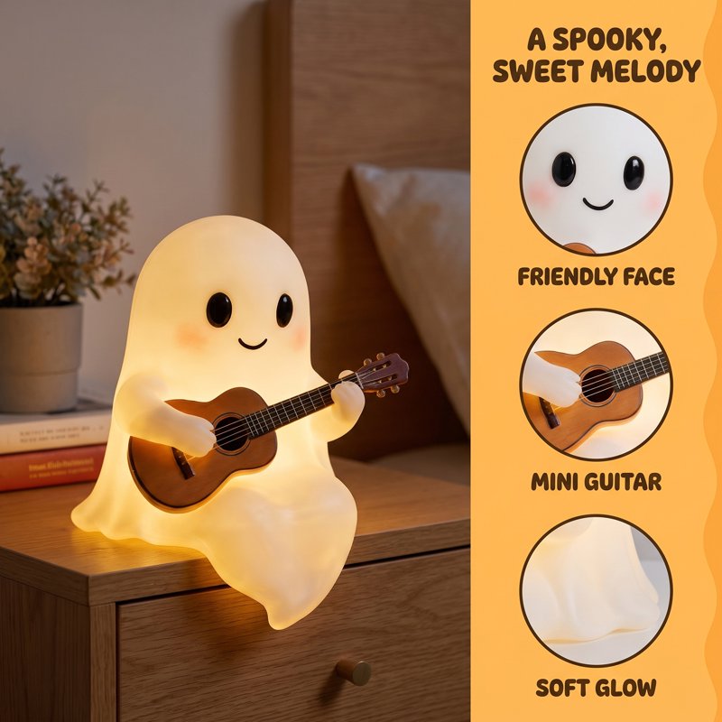 Halloween Ghost Night Light - Cute Ghost Playing Guitar Figurine Lamp for Party Bedroom Home