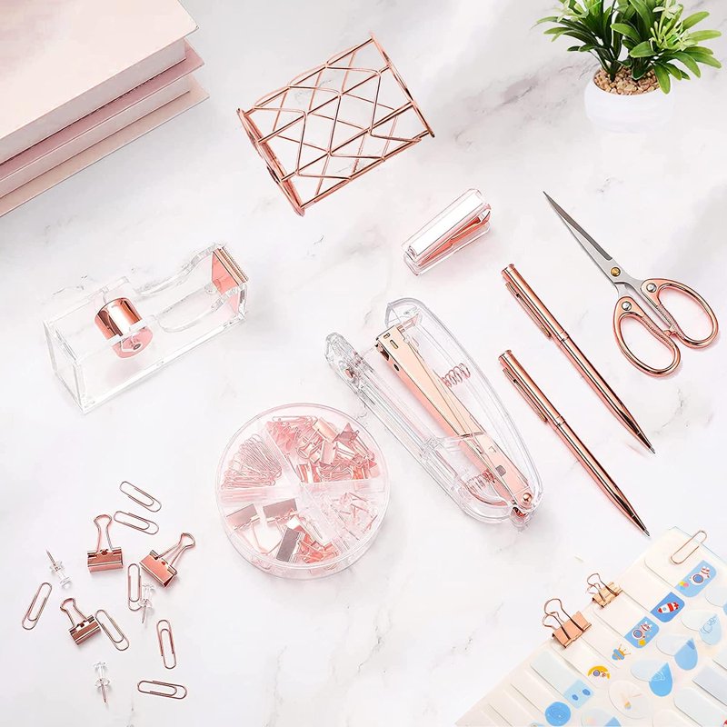 Rose Gold Desk Organizer Set with Stapler Pen Holder Scissors & Staples