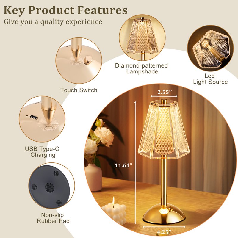 Wireless Dimmable LED Crystal Table Lamp with Touch Control - Rechargeable Night Light for Bedroom Living Room Kitchen