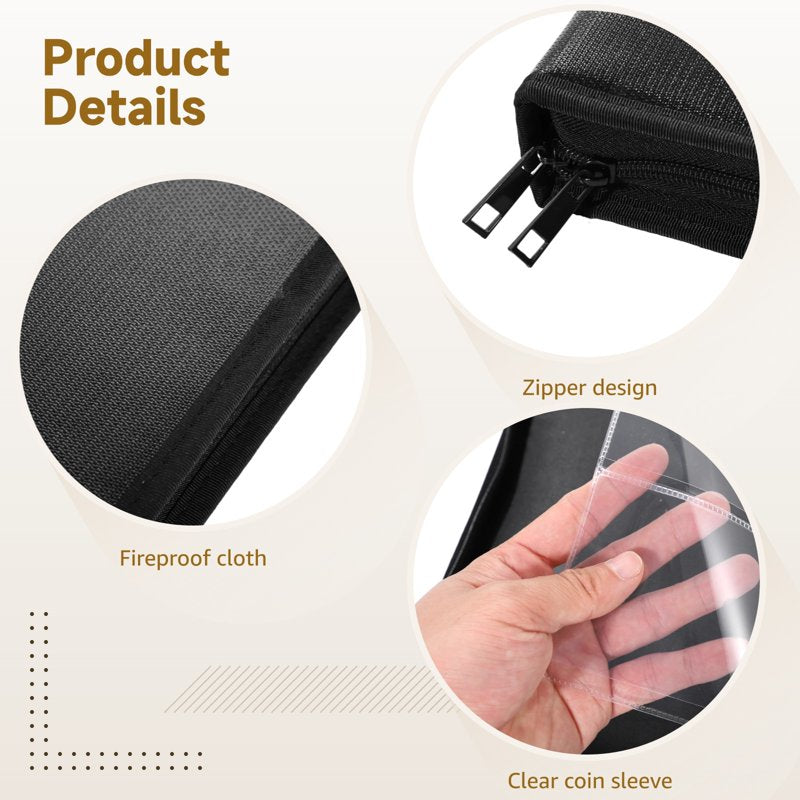 Fireproof Coin and Banknote Storage Folder with Zipper & Hard Shell - 11.22x9.25in