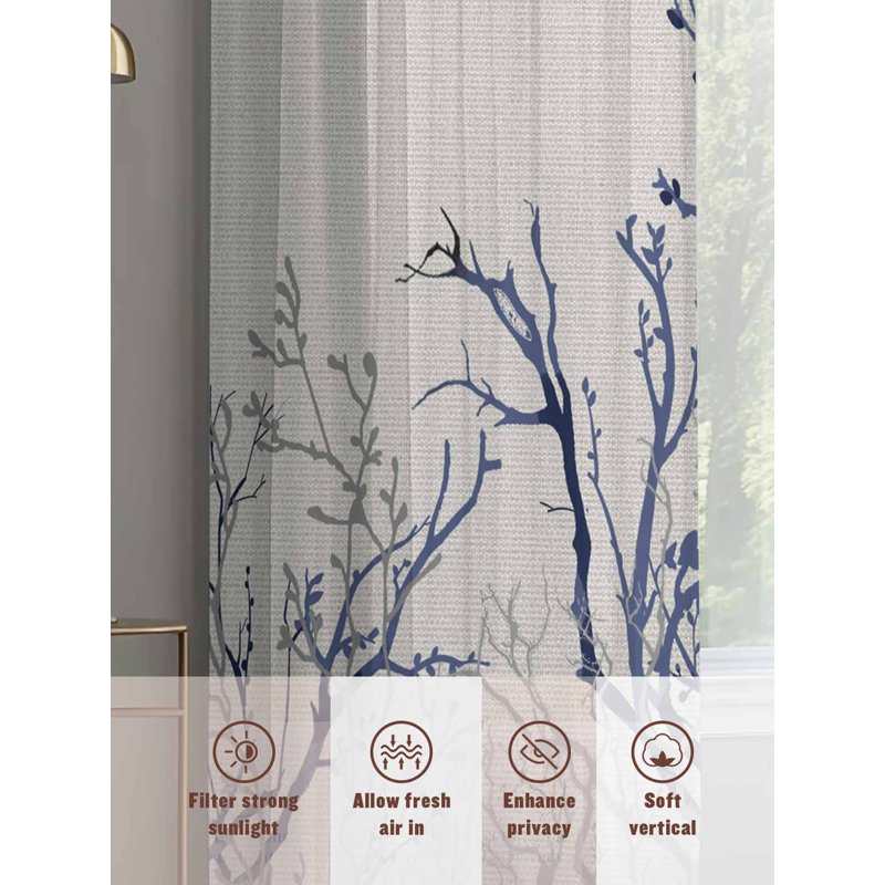 Sheer Curtain Set - 84 Inch Length, 2 Panels, Multiple Sizes, Farmhouse Botanical Design