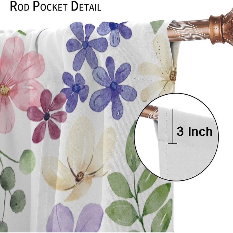 Floral Window Curtains Set - Rustic Flower Watercolor Pattern for Living Room & Bedroom